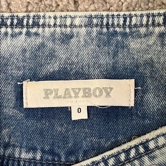 PLAYBOY Blue Acid Washed Denim Mini Skirt with Bows Pink Logo Size 0 - Picture 2 of 6